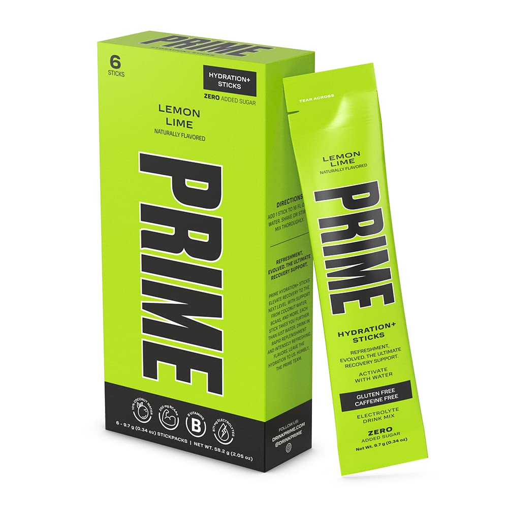 PRIME HYDRATION + Sticks Lemon Lime Agregat 124; Hydration Powder Single Serve Sticks Agregat 124; Electrolyte Powder On The Go 124; Low Sugar Agregates 124; Caffeine- Free Agregates 124; Vegan Agregat 124; 6 Sticks