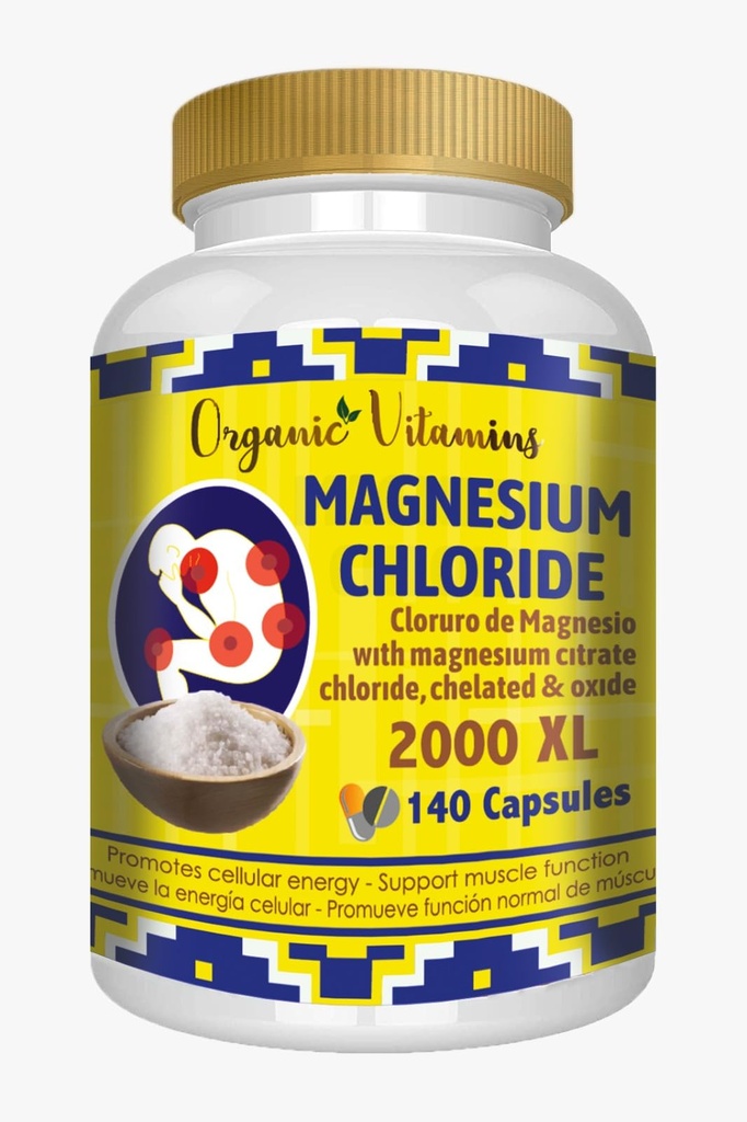 Chlorek magnezu (cloruro de magnesio) 140 Kapsułki - Wysoka absorpcja suplement magnezu z cytrynianem, chelatem i tlenkiem wysokiej mocy Mg. Łatwy do połykania, Non-GMO