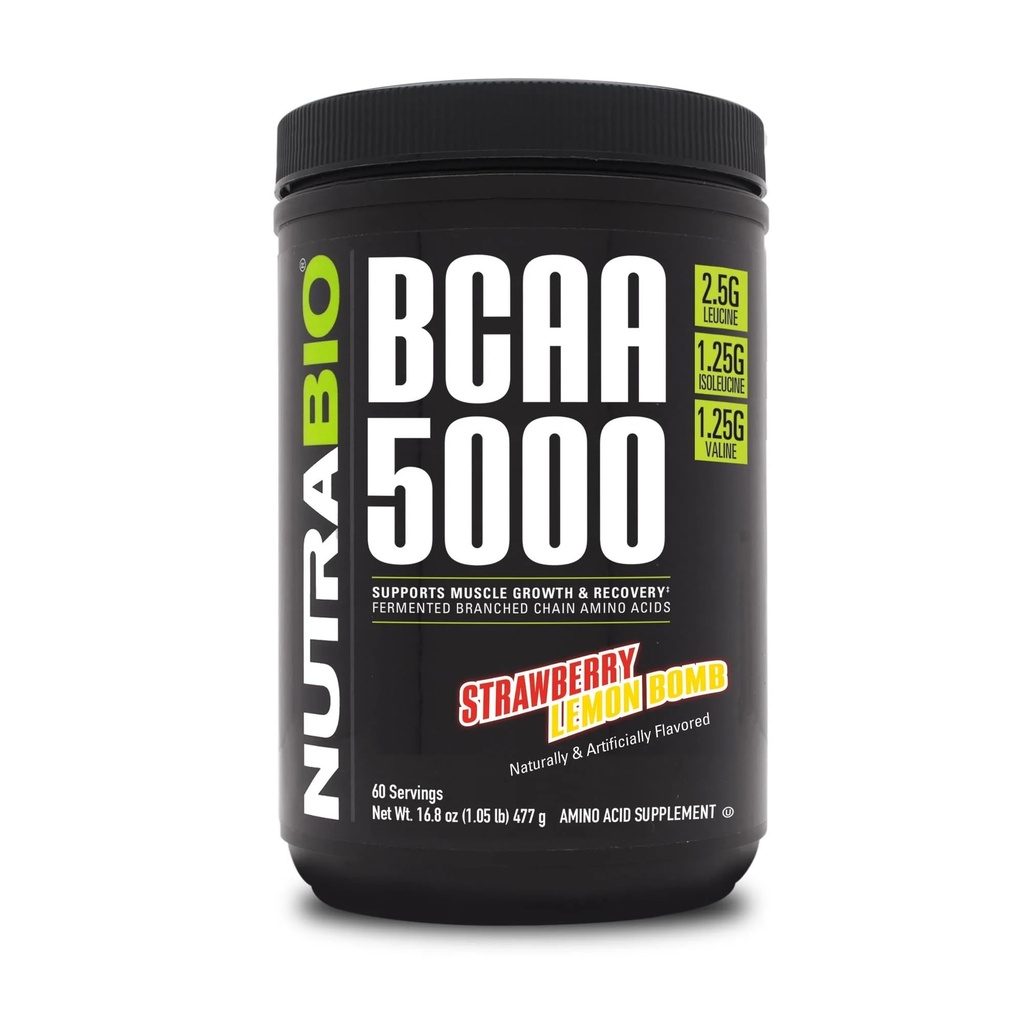 NutraBio BCAA 5000 Proszek - Wegan fermentowany BCAA - Wspiera Lean Muscle Growth, Recovery, Endurance - 60 Służenie - Truskawkowa bomba cytrynowa