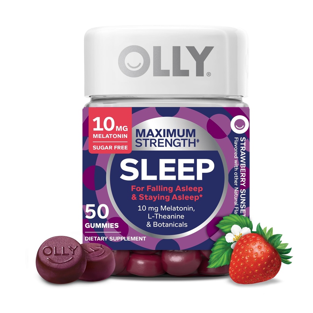 OLLY Max Siła Sleep Gummy, 10 mg Melatonina, L- Theanina, Rumianek, Lemon Balsam, Bez cukru, Wegetariańska pomoc na sen, Truskawka - 50 Hrabia