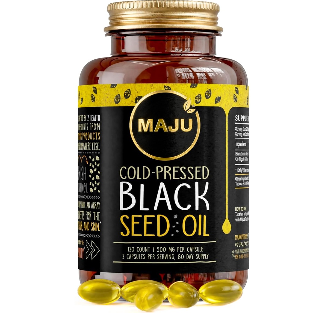 Maju Superfoods Black Seed Oil Kapsułki, Silny Cold Pressed, 2% Thymoquinon, 100% Turecki Czarny Kmin Nigella Sativa Nasienie Olej, Organiczny BSO, Ciekły Czarne Nasiona, 120 Hrabia, 500mg na kapsułki