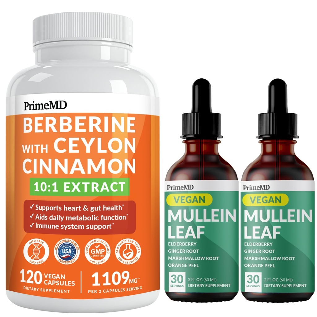 21- in-1 Berberine Suplement z Ceylon Cynamon Chrom, Gorzkie Melon i Green Tea Extract (120 ct) & 5- in-1 Mullein Drops for Lungs and Respiral Lung Health & Bronchial Support (60 Servings)
