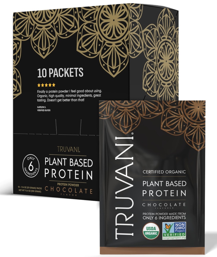 Proszek Truvani Vegan Pea Protein 124; Czekoladowy 124; 20g Organic Plant Based Protein 124; Pojedyncze Podróże Pakiety 124; 10 Służenia 124; Keto 124; Gluten & Dairy Free 124; Niskie węglowodory 124; Nie Dodano cukru