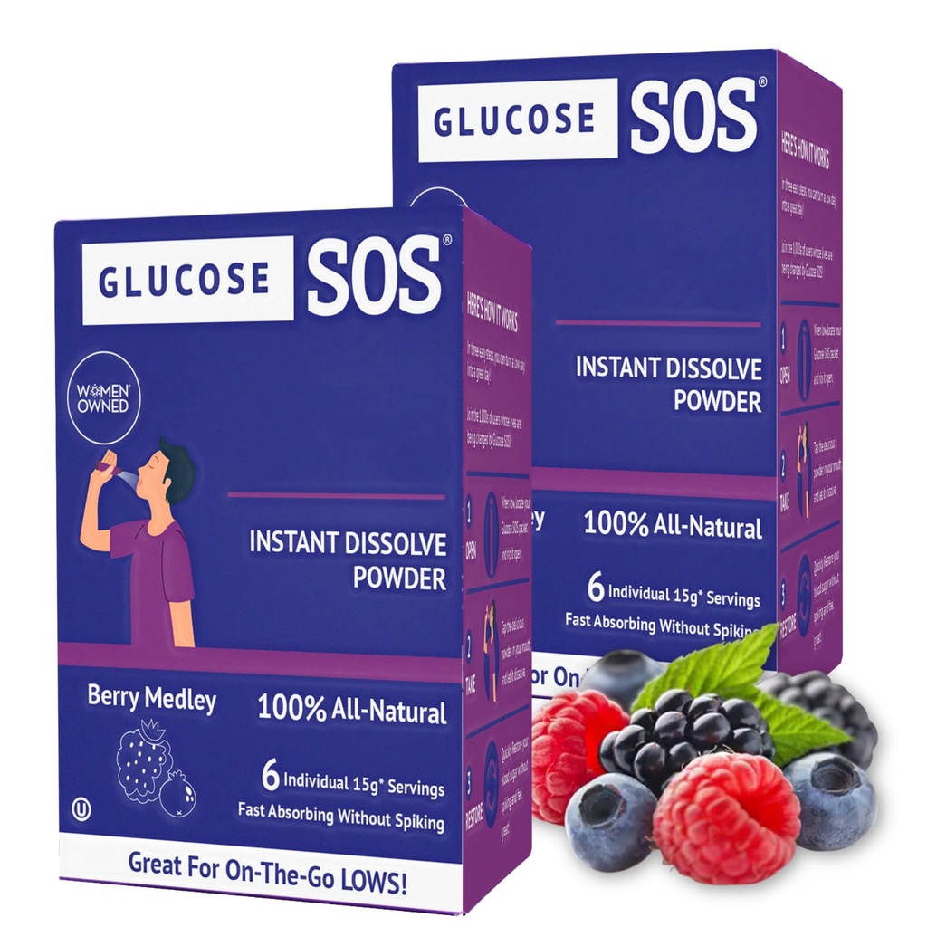 Glukoza SOS Glukoza w proszku Pakiety z naturalną dekstrozą, Szybka Wchłanianie Że natychmiast rozpuszcza się w ustach bez wody potrzebne, Berry Medley 12 Sługi
