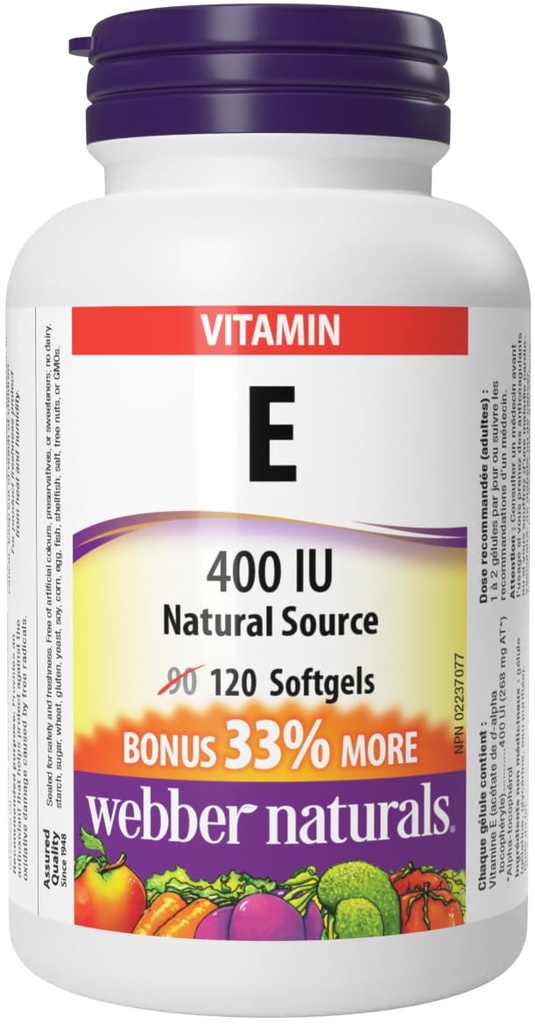 Webber Naturals Witamina E Naturalne Źródło Softgel, 400 IU- 120 Softgels