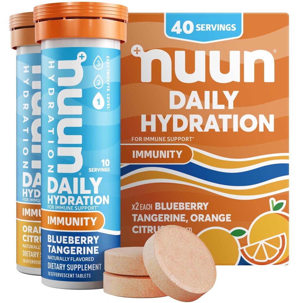 Nuun Immunitet Electrolyte Tablets z witaminą D, C, E, & A, Ginger, Elderberry, Magnezu i 4 Inne niezbędne elektrolity, Wegan, Blueberry Tangerine & Orange Citrus, 4 Pack (40 Służenie ogółem)