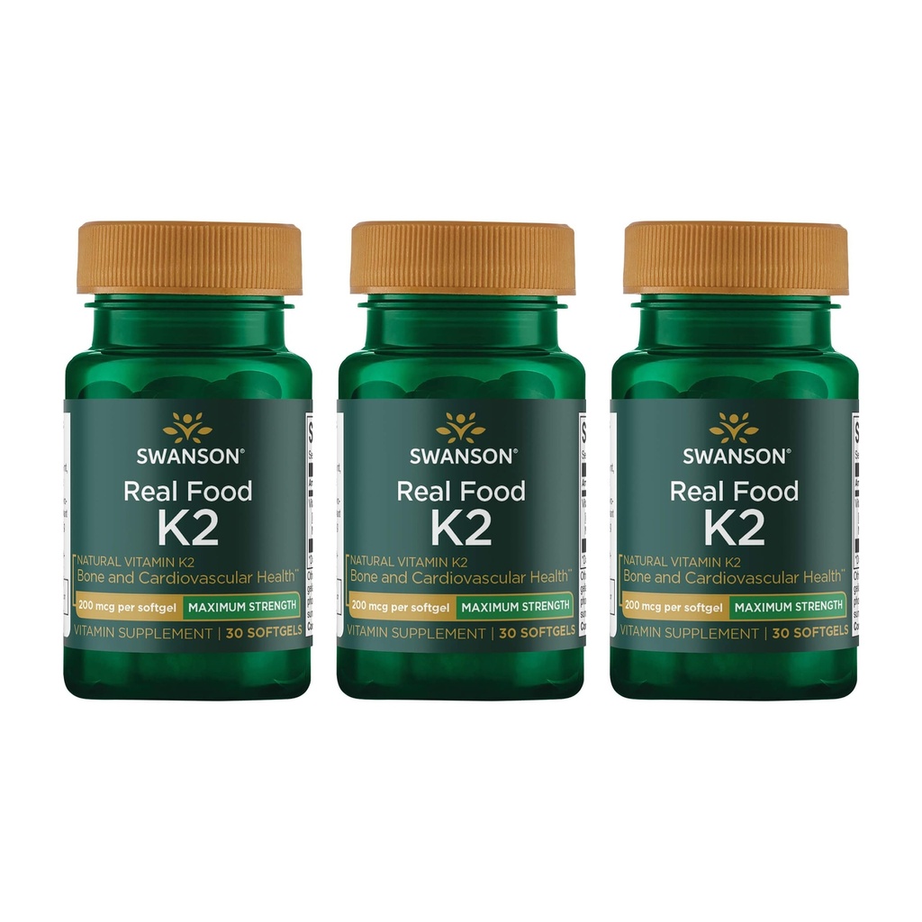 Swanson Maksymalna moc Witamina K2 (Menaquinone- 7) - Suplement Witaminy wspierający sercowo-naczyniowe i kości - wykonane z japońskiego Natto pomóc Regulacji wapnia (30 Softgels, 200mcg każdy) (3 opakowania)