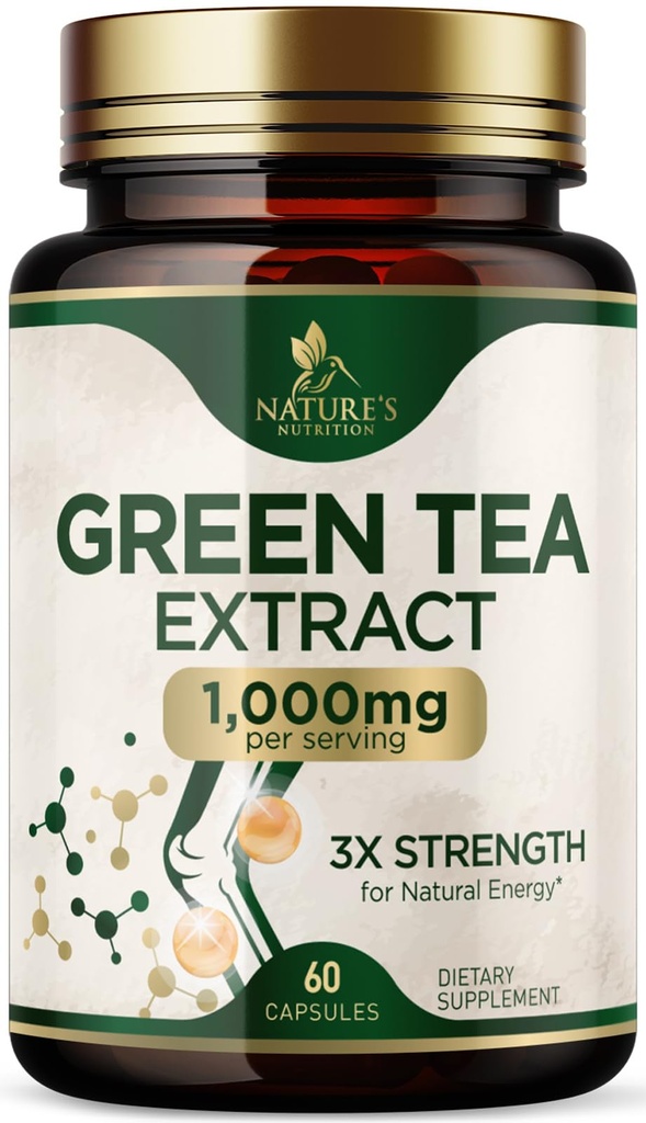 Ekstrakt zielonej herbaty kapsułki 1000 mg - Standaryzowane 45% EGCG & 98% Polifenole - 3X Siła Green Tea Pills for Natural Energy - Pomaga Heart Health, Suplement ziołowy, Wegan, Non-GMO - 60 Kapsułki
