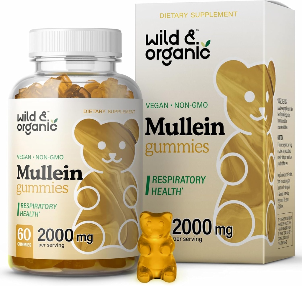 Wild & Organic Mullein Gummies for Lungs 2000mg - Lung Detox and Cleanse - Vegan Mullein Leaf Gummies for Immotive Support - 60 Non-GMO Herbal Extract Chews