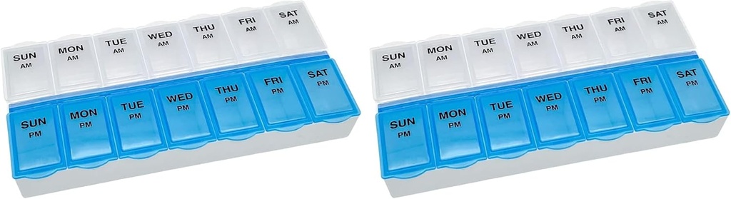 Basic Care (7- Day) AM / PM Pill Organizator, Witamina Case, i Medicine Box, Duże Komory, 2 razy dziennie, Blue and Clear Lids (Opakowanie 2)