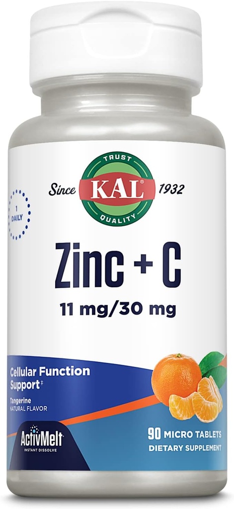 KAL Cynk Plus C, Natychmiastowe rozpuszczanie witaminy C i cynku, Funkcja komórkowa i wsparcie immunologiczne, Optymalne wchłanianie, Naturalny aromat tangeriny, 60- Day Money- Back Gwarancja, 90 Służenia, 90 Micro Tablets