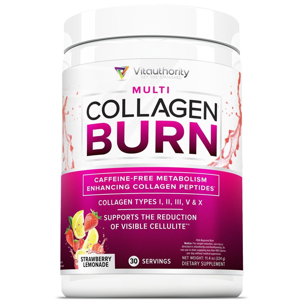 Multi Colagen Burn: Zhydrolizowane Peptydy białkowe z kwasem hialuronowym, Witamina C, Dimfest Pigmentowy, Typy I, II, III, V i X, Bezkafeinowa Truskawkowa Lemoniada Flavored 30 Słupki