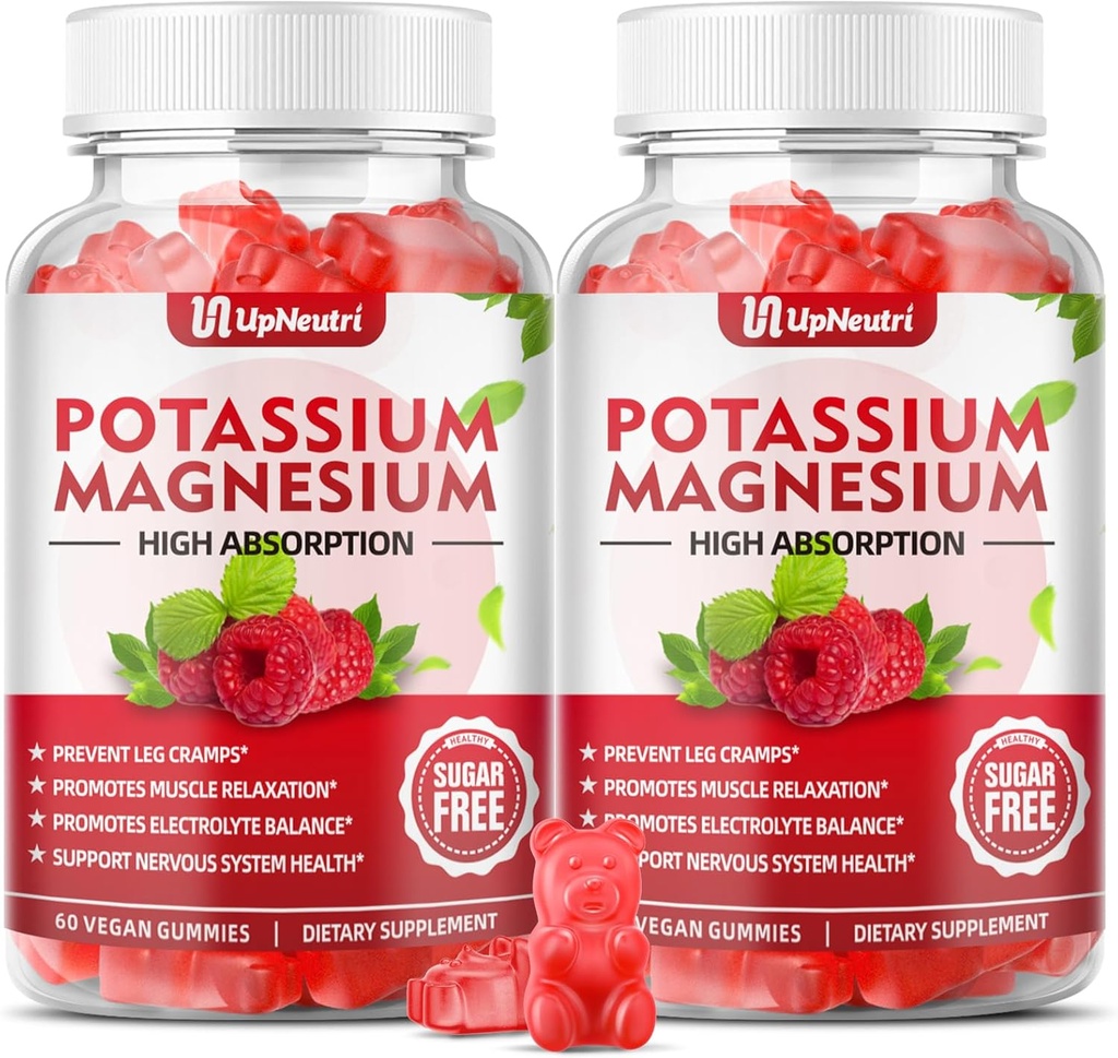 Potasu Magnezu Suplement Gummies dla dorosłych Dzieci, Gummeje potasu bezcukrowe Wspiera Krampy Nogi & Mięśnie i Immune Zdrowie, Wysoka Absorpcja Gummeje Magnezu Malina Flavor 120 Cts
