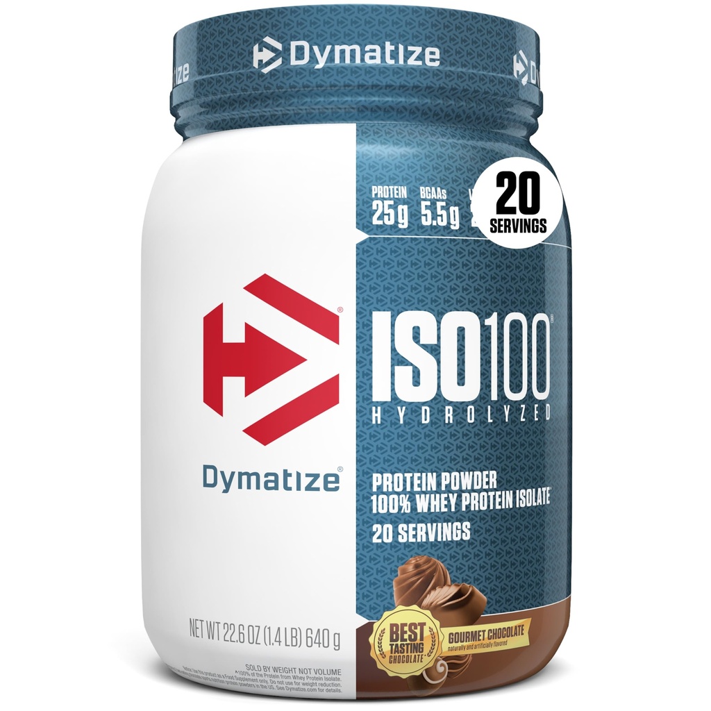 Dimatize ISO100 Proszek proteiny serwatki Izolat, Czekolada smakosz, 25g białka, 20 Służenia, 5,5g BCAA, Mniej niż 120 Cal., Gluten Free, 1g tłuszczu, 1 g cukru, 2g karb