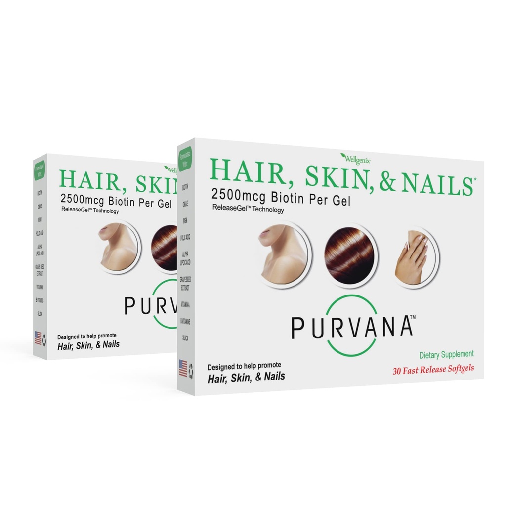 Wellgenix Purvana Włosy, Skóra i Nails Witamina - Softgels dla Wysokiej Wchłaniania - Podwójna siła 2500mcg Biotin, VIT A & B (30 Hrabia) (Opakowanie 2)