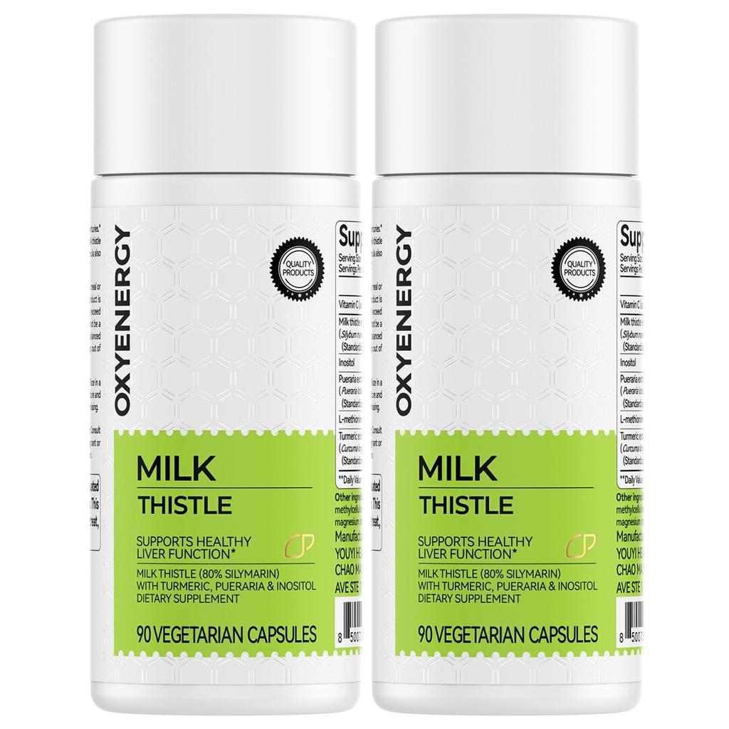 OxyEnergy Silymarin Milk Thistle 300mg Extract with Witamina C, Inositol & Pueraria, Detox wątroby i wsparcie naprawy, Wsparcie przeciwutleniacze, 90 Kapsułki, Opakowanie 2