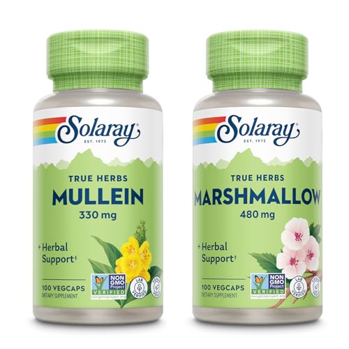 SOLARAY Mullein Leaf 330 mg i Marshmallow Root 480 mg - Wellness Bundle - Herbs High in Mucilage Solveral Fiber for Soothing Support - Vegan, Non-GMO, Lab Verified, 60- Day Guarantee, 200 / 100 VegCaps