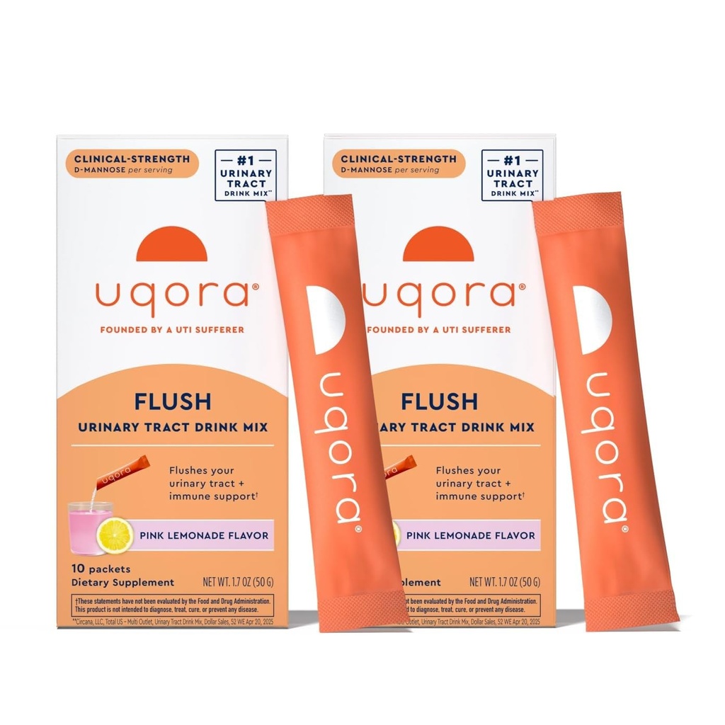 Uqora Flush - Trakt moczowy * z D- Mannosem, Witaminą C, Witaminą B6, Potasem, Magnezem i Wapniem - Bezglutenowy & Wegan - Różowy Lemoniada Flavor - 20 opakowań (2 opakowania)