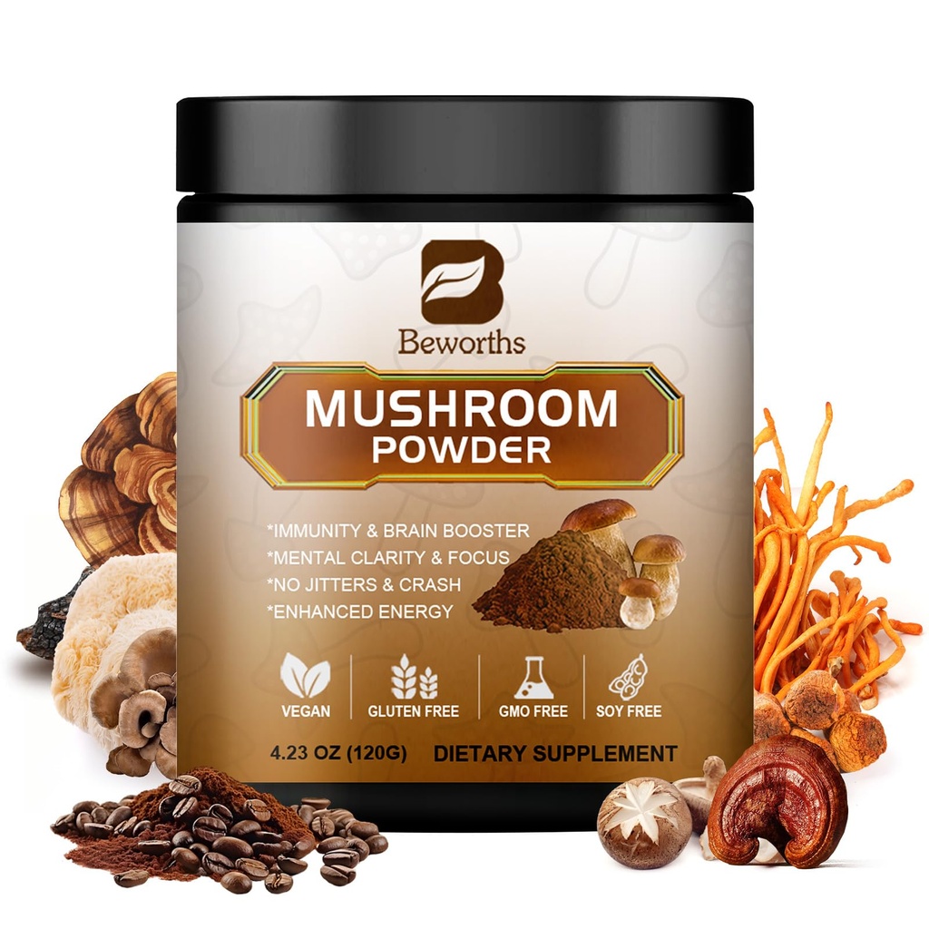 Mushroom Coffee - Lions Mane Mushroom Powder Instant Coffee z Lwie 's Mane, Reishi, Chaga, Cordyceps i Turcja Tail - Mushroom Coffee alternatywa dla energii, Mental Clarity & Focus, Booster mózgu