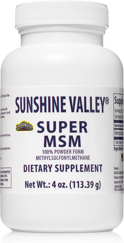 Sunshine Valley ® Super MSM Supplement - Methylsulfonylmetan MSM Kryształy Proszek do wspólnego wsparcia, paznokci, Włosy i skóry Zdrowie - 100% Czysty proszek, Nieflawored, Suplement diety - 4 oz