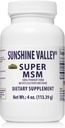 Sunshine Valley ® Super MSM Supplement - Methylsulfonylmetan MSM Kryształy Proszek do wspólnego wsparcia, paznokci, Włosy i skóry Zdrowie - 100% Czysty proszek, Nieflawored, Suplement diety - 4 oz