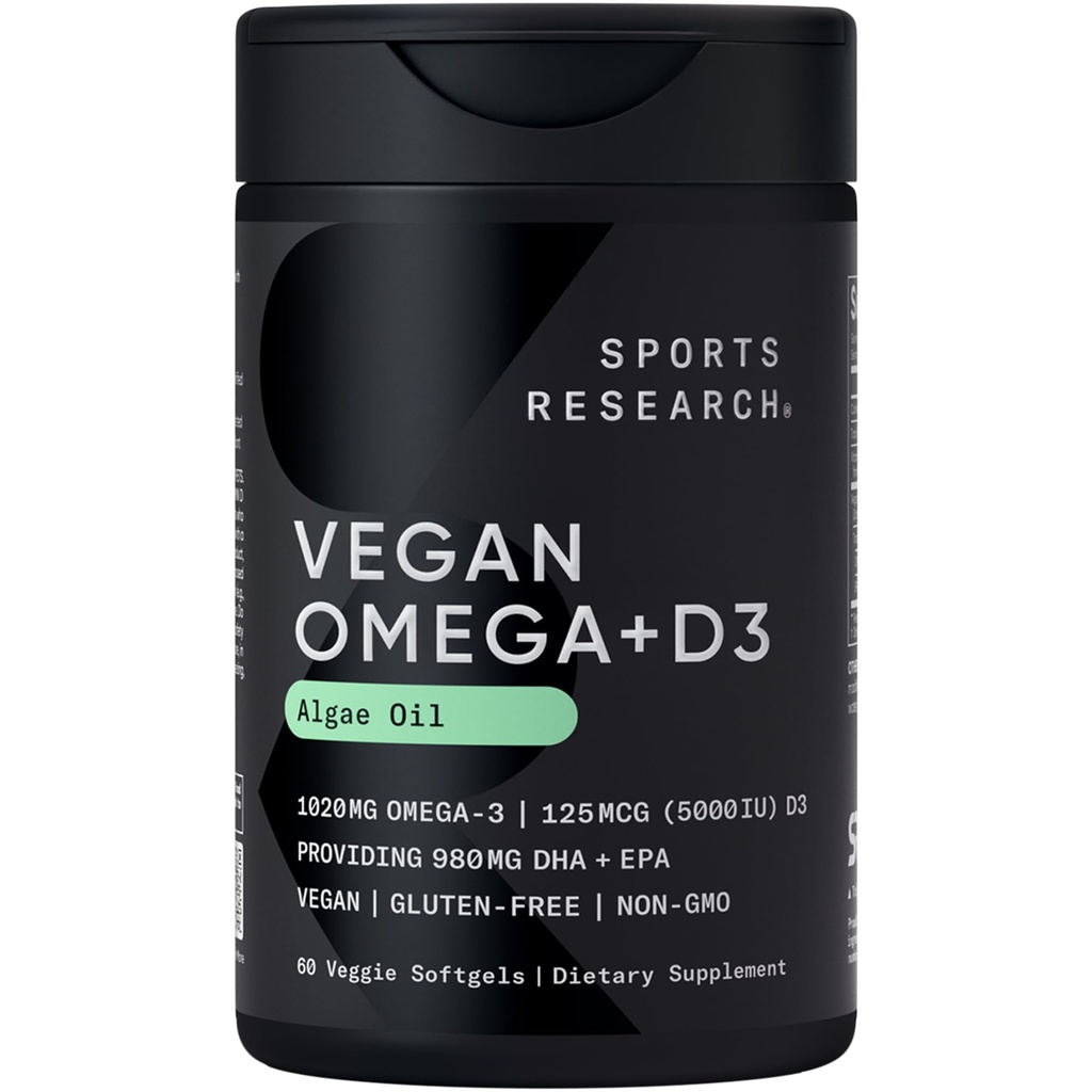 Sports Research Vegan Omega-3 z witaminą D3 Softgels - 1020mg Omega-3 & 5000iu D3 Suplement - Fish Oil Alternative z Witamina D Plant - Wsparcie z Algae Oil - 60 Veggie Softgels dla dorosłych