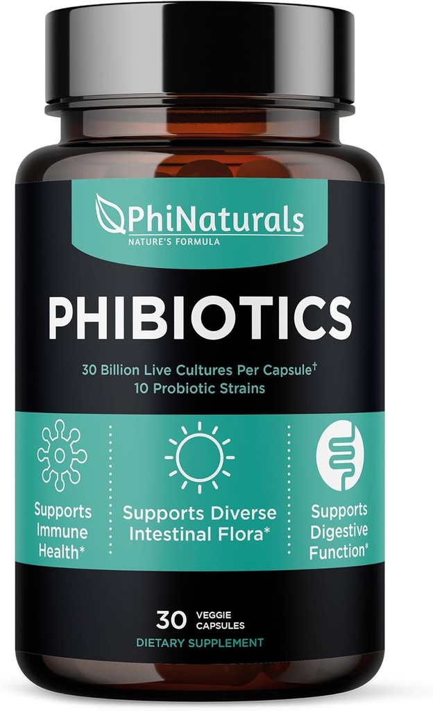 PhiNaturals High Potency Probiotics 10 Szczepy 30 Milion CFU [30 Kapsułek Wegańskich] dla Kobiet i Mężczyzn Digestive Gut Health - Lactobacillus Acidophilus Salivarius Rhamnosus Bifidobacterium Probioticos