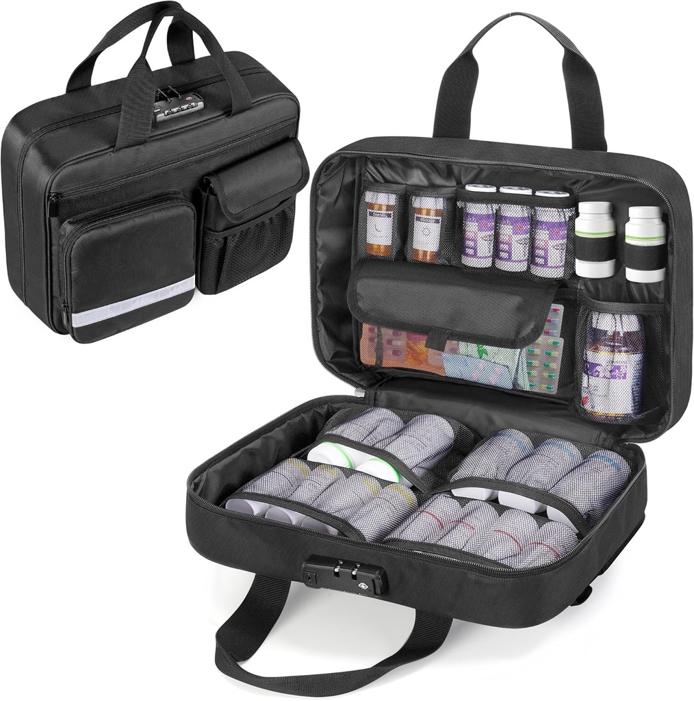 Damero Locking Pill Bottle Organizer, Medicine Storage Bag Medication Organizer Travel Case for Big Pill Butelki, Leki i Dostawy medyczne, Czarny