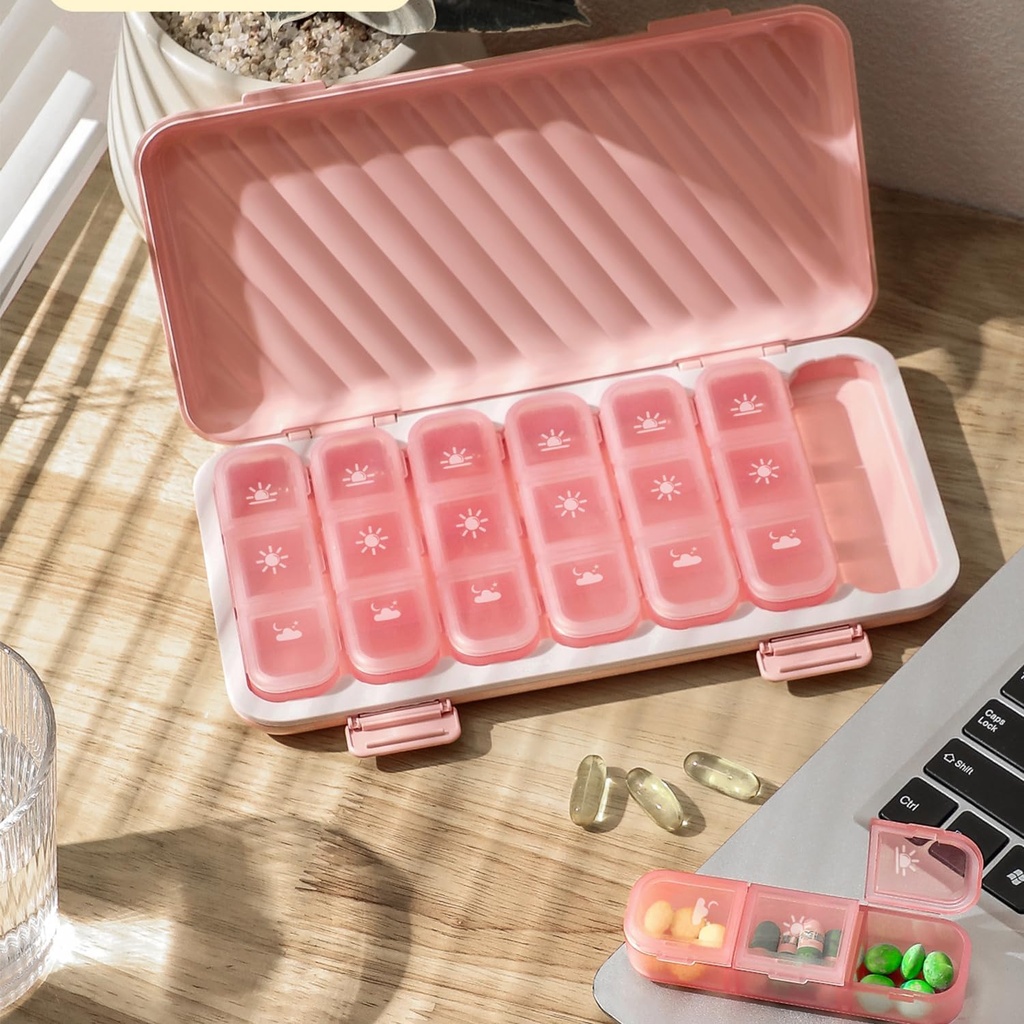 Pill Organizer 3X a Day, Pink Pill Organizer 3 razy dziennie, Light- Proof Pill Box 7 dni Pill Cases, Brak Text Pill Box Organizator, Flat Medicine Organizer Box do trzymania witamin i leków (różowy)