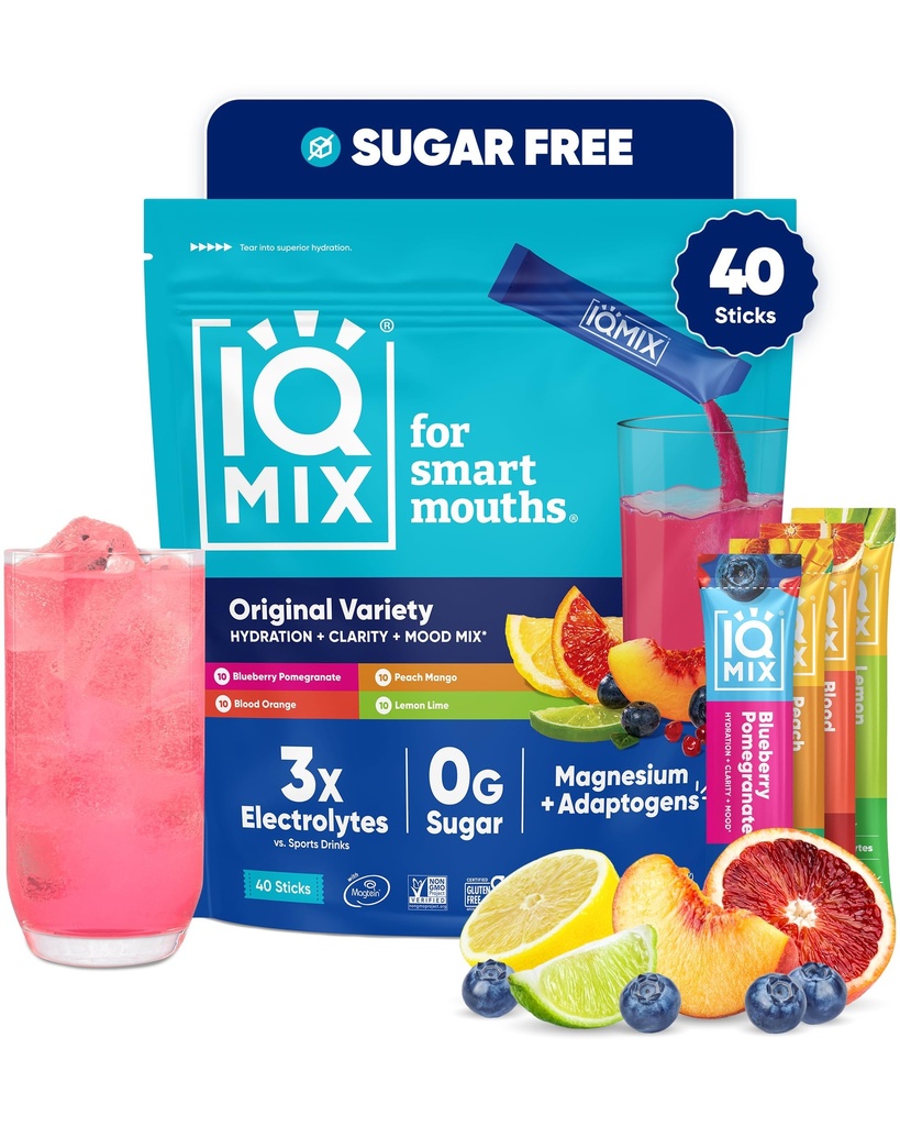 IQMIX Hydration Electrolyte Powder - 4- in-1 Formuła do Hydration, Mental Clarity, Mood and Recovery - Sugar- Free Drink Mix, Keto, Magnezu L- Threonate, Lwie 's Mane - 40 Count Variety Pack