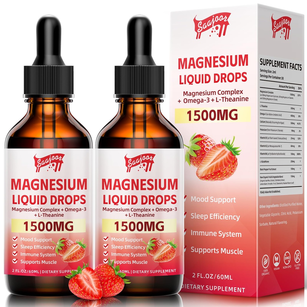 2 Opakowanie Magnezu Glicynian krople płynne, 1500mg Magnezu suplement z witaminą B6, D3, L - Theanine, Omega3, Noc wsparcia, Mięśnie, Kości, Nastroj, Flavor truskawkowy - 4 Fl Oz (120ml) Butelka
