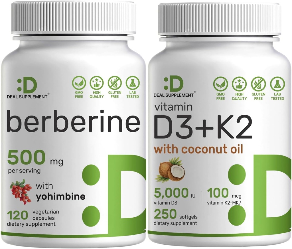 DEAL SUPLEMENT Witamina D3 5000iu + K2 100mcg Softgels & Berberine Suplement z Yohimbine Bundle - Zasadniczy Sunshine Witaminy - Wysoka Absorpcja Hydrochlorków HCl Forms