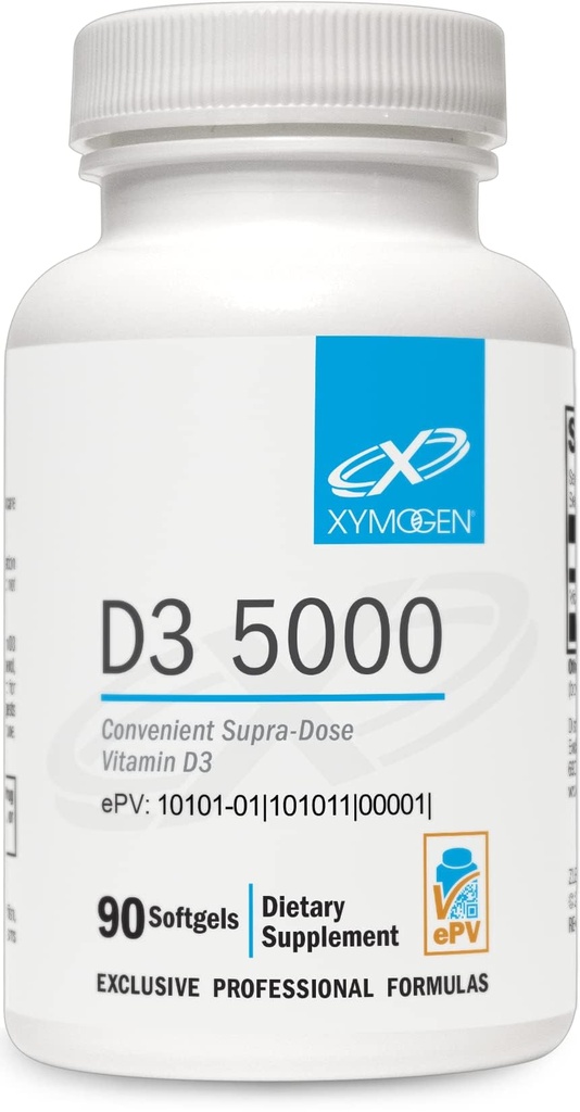 XYMOGEN D3 5000 - Biodostępna witamina D3 5000 j. m. (125 μg) - suplement D o dużej mocy w celu wspierania zdrowia immunologicznego, kości + serca (90 Żelatyna Softgels)