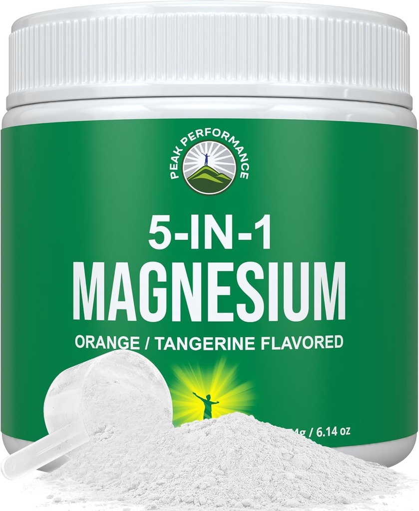 5- in-1 Magnezu w proszku napój dla kobiet i mężczyzn. Magnezu glicynian + cytrynian + jabłczan + szelat + taurat. Great Tasting Vegan Supplement for Relaxation Muscle, Sleep, Cramps. Pomarańczowy aromat