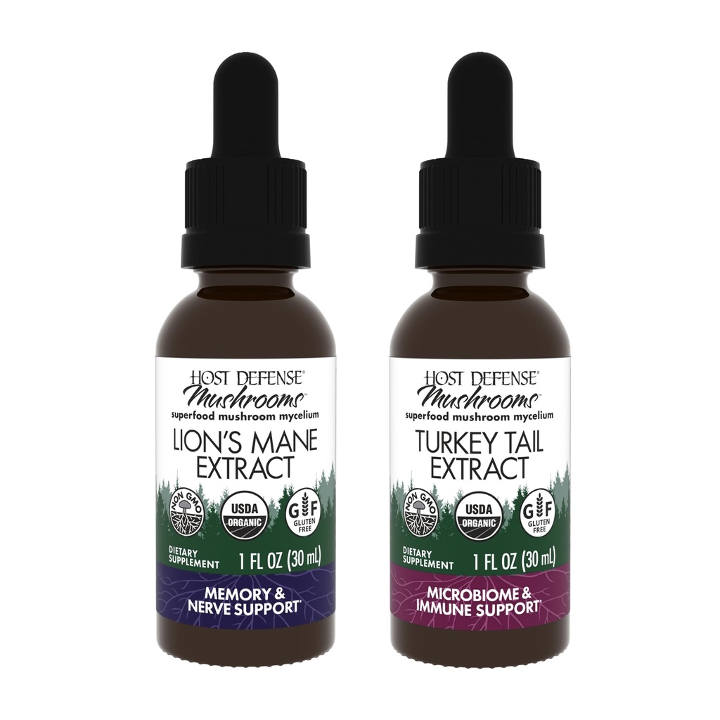 Host Defense Bundle with Lion 's Mane Extract, 1 fl oz & Turkey Tail Extract, 1 fl oz - Support Brain Health, Memory & Focus - Support Digestive Health & Immune Response *