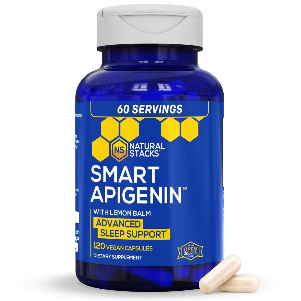 NATURAL STACKS Apigenin Suplement do snu - 50mg Apigenin & 600mg Basen cytrynowy - Melatonina Bezpłatna Pomoc na sen - z ekstraktem z kwiatu namiętności dla wsparcia stresu * - 120 Kapsułki balsam cytrynowy