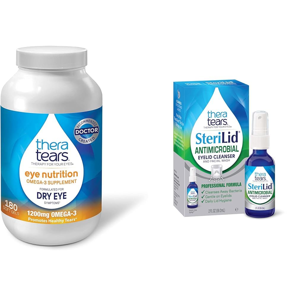 TheraTears 1200mg Omega 3 Suplement do Żywienia Oko, Trigliceryd organiczny, Trigliceryd Fish Oil i Witamina E, 180 Count & Sterylid Eyelid Cleanser and Face Wash, dla podrażnionych oczu, 2 fl oz Spray