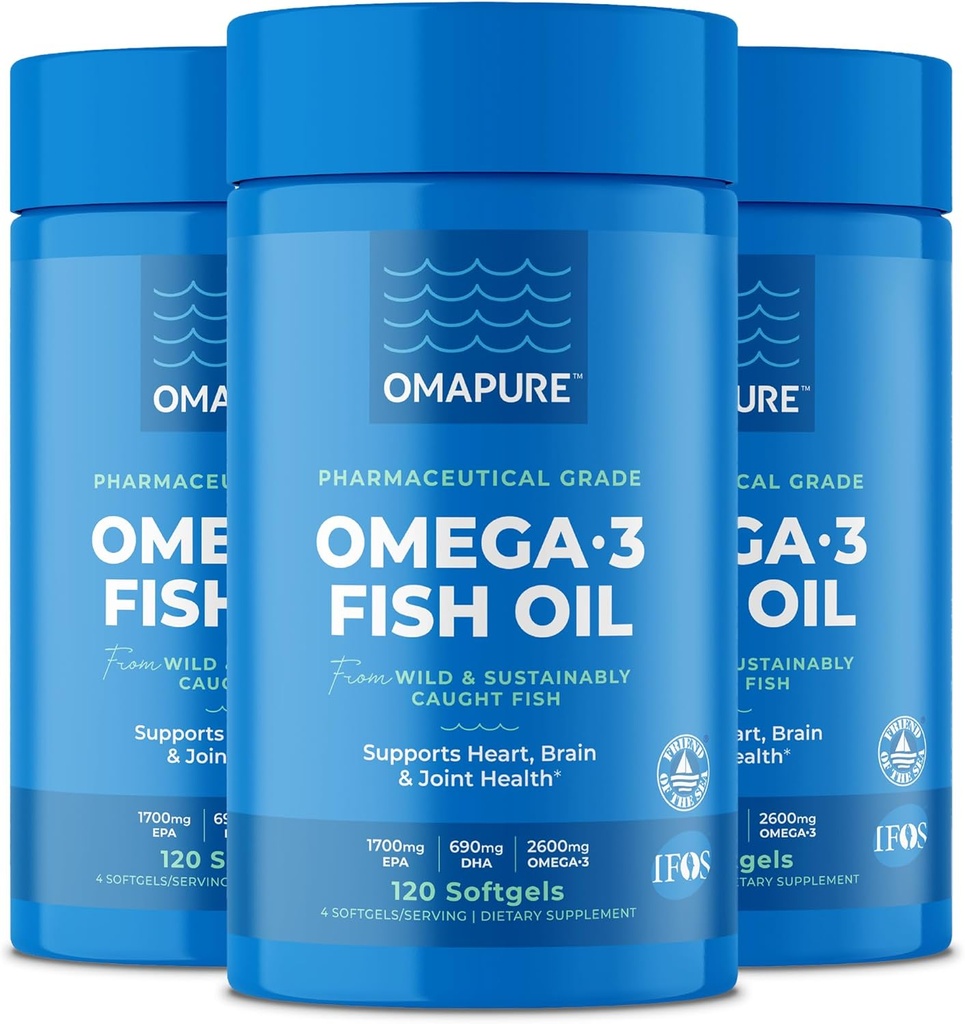 OMAPURE Fish Oil Supplements with Omega 3 Fatty Acids (3 Butelki, 120 Softgels) - Wysoka EPA, DHA, & IFOS Fish Oil Pills Support Heart & Joint Health - Bezwładniający Oil Fish Promotes Brain Function