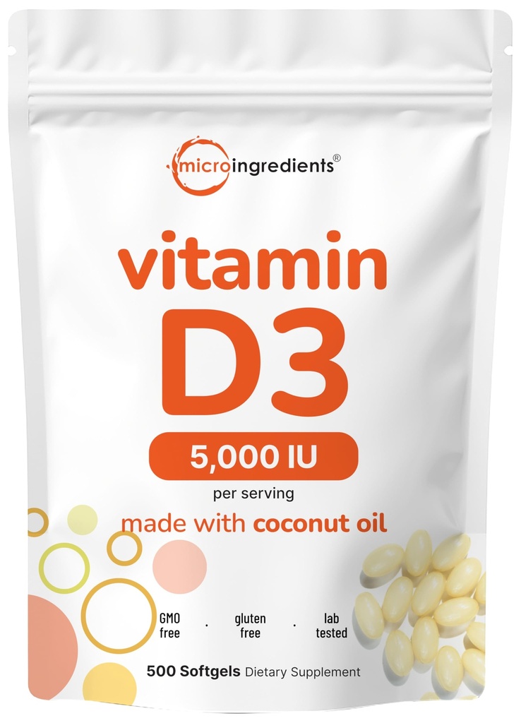 Micro Składniki Witamina D3 5,000 IU, 500 Softgeli 124; Olej kokosowy z pierwszego tłoczenia 124; Cholekalcyferol Forma 124; Kość, Immune & Heart Support Description 124; Łatwe połykanie, Non-GMO