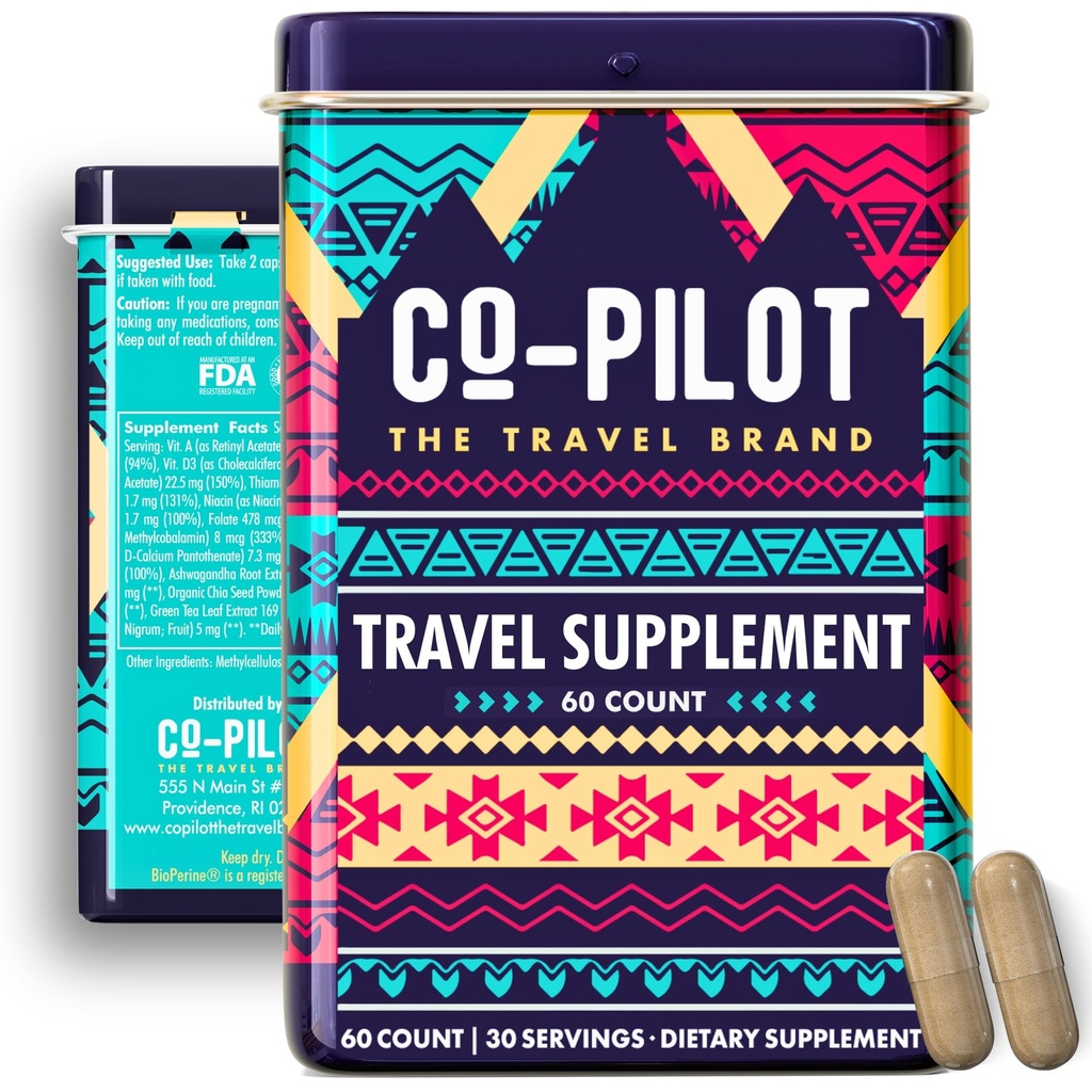 Suplement witaminy podróży dla lotów i codziennie, Jet Lag, Energia, Immune, Wsparcie trawienia, Promowanie uspokojenia z Ashwagandha, Rhodiola, Chia & D3 dla lepszego snu & nastrojów 124; Wegan, 60 Hrabia