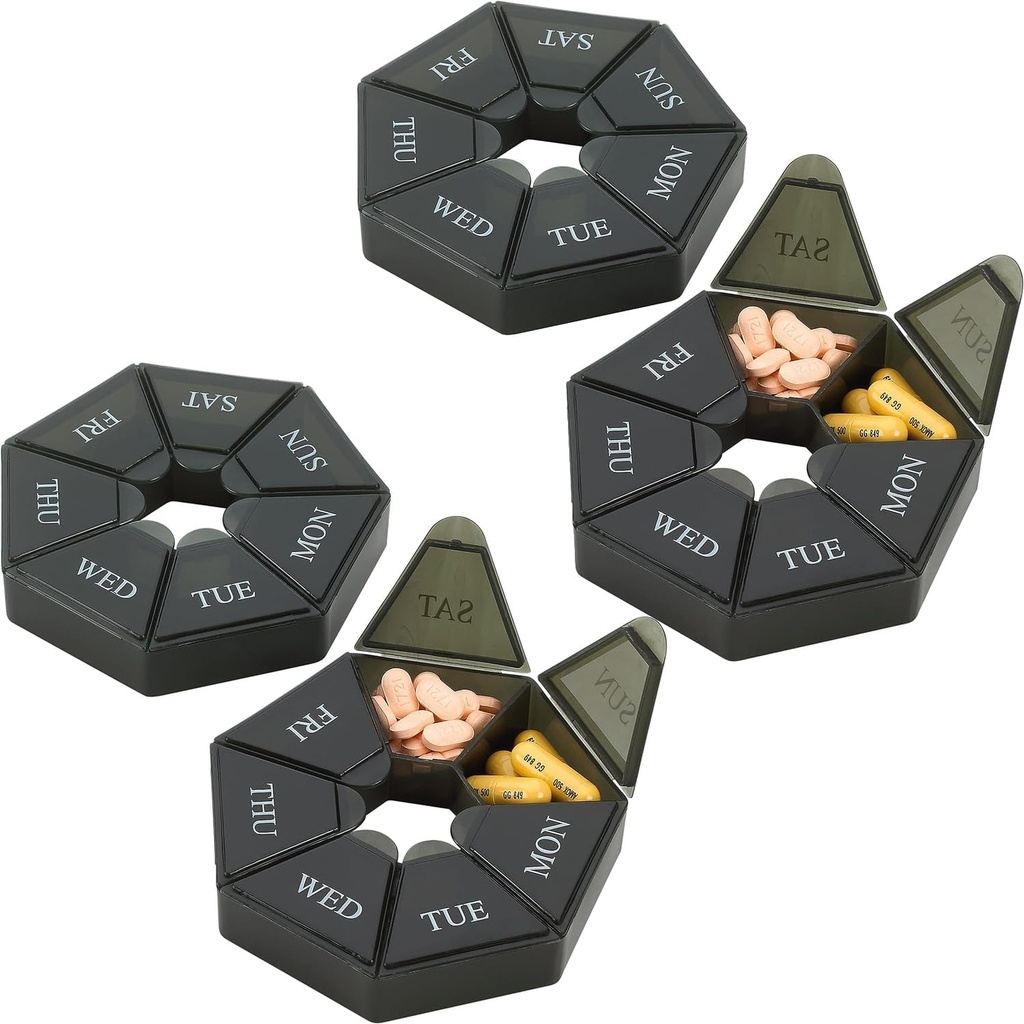 Cotygodniowy Pill Organizer - (Pack of 4) 7- Day Pill Container - Artreatre Friendly Portable & Compact Travel Case Daily Commodation Medicine Pills Box for Supplements, Medication, Vitamin and Fish Oils