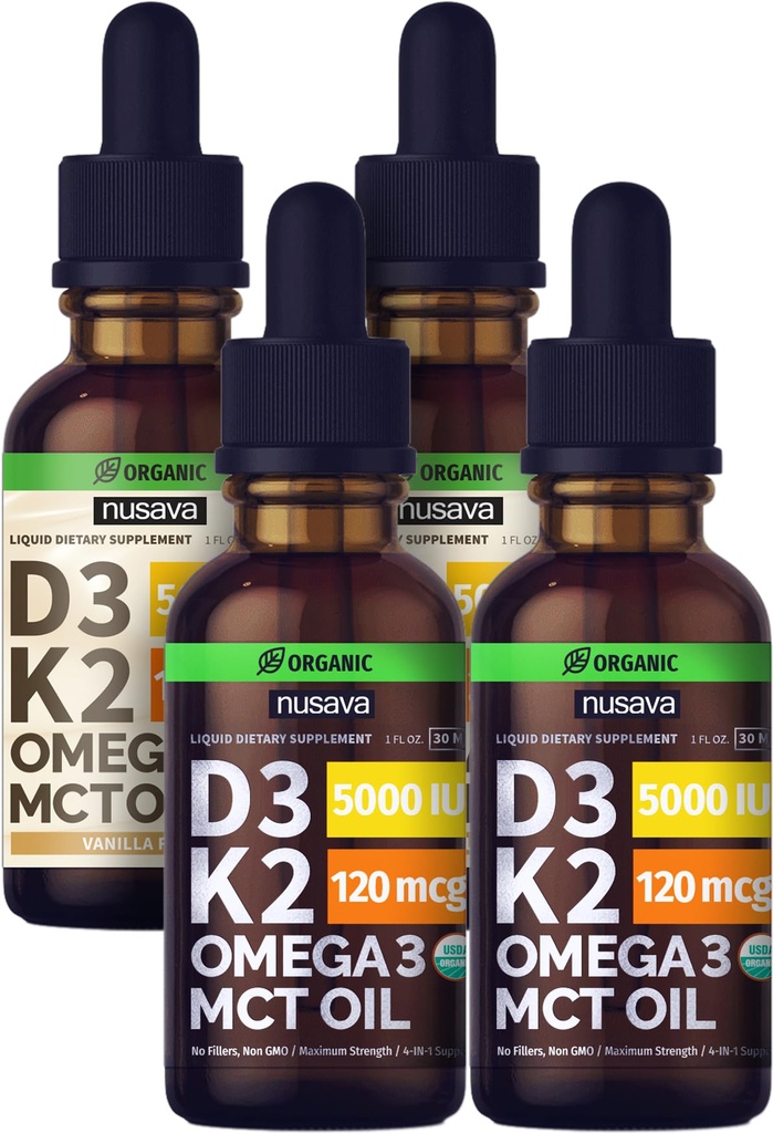 NUSAVA Unflavored D3 K2 Liquid Drops and Vanilla Flavored D3 K2 Liquid Drops Bundle - Pothent Liquid Vitamin for Heart, Joint, Bone, Muscle, & Immune Support - Nie- GMO, Gluten- Free, 2pk Każdy