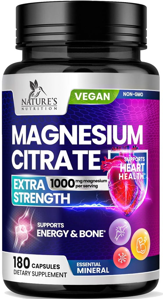 Magnezu Citrate Supplement Pills 1000mg - 3X Siła Magnezu Suplementy dla Kości, Mięśnie, Serce, Nature 's Sleep Support dla mężczyzn i kobiet, Wegan Mag Mineral, Non-GMO, Butelki w USA, 180 Kapsułki