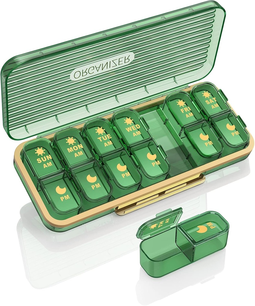 Pil Organizator 2 razy dziennie, 7 dzień Am Pm Pill Box - Acedada Cotygodniowy Pill Organizator z oddzielnym pojemnikiem, Portable Daily Medicine Planner Dispenser Case for witaminy, Oleje rybne, Suplementy, Zielony