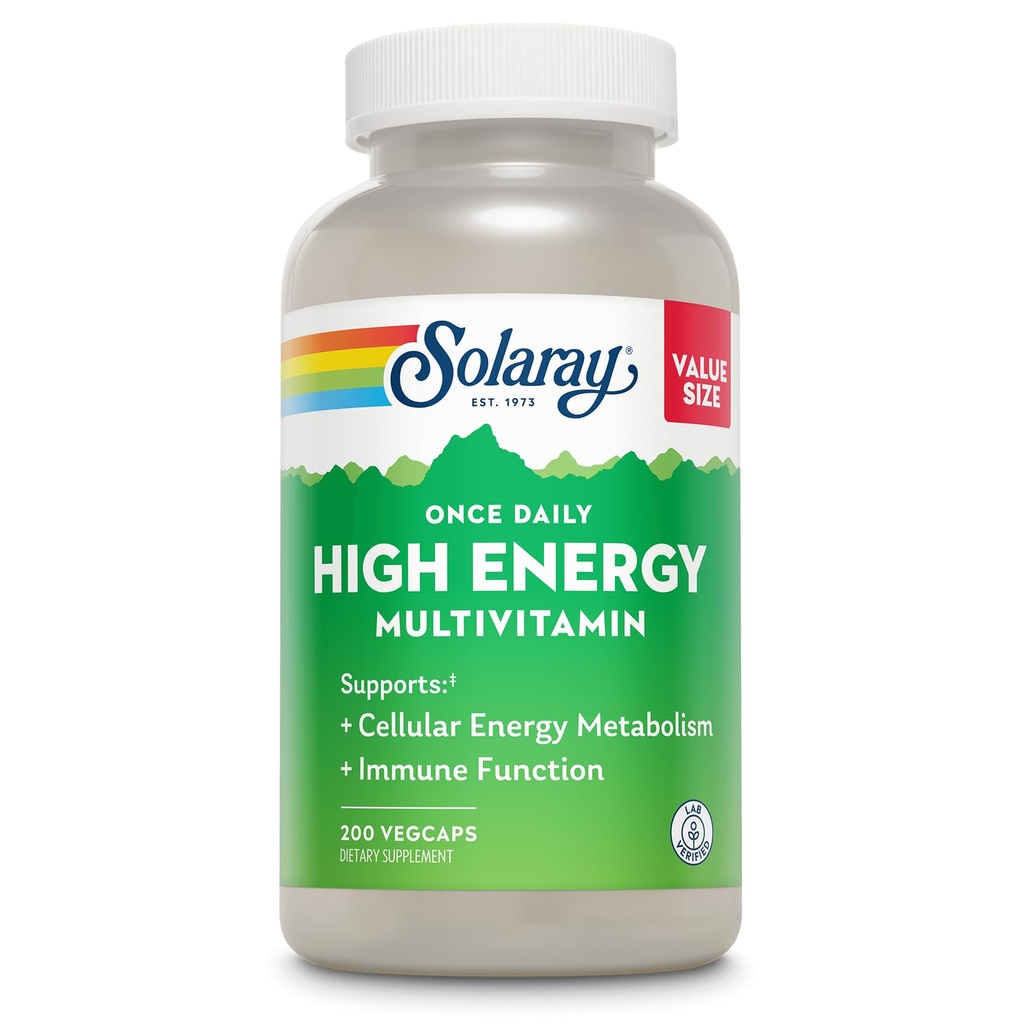 SOLARAY Raz dziennie wysokiej energii Multiwitamina dla kobiet i mężczyzn - Suplementy energii - Wsparcie immunologiczne w / Witamina C, A, D i E, Kompleks witaminy B, Minerały śladowe, 60- dniowa gwarancja, 200 Serv, 200 VegCaps