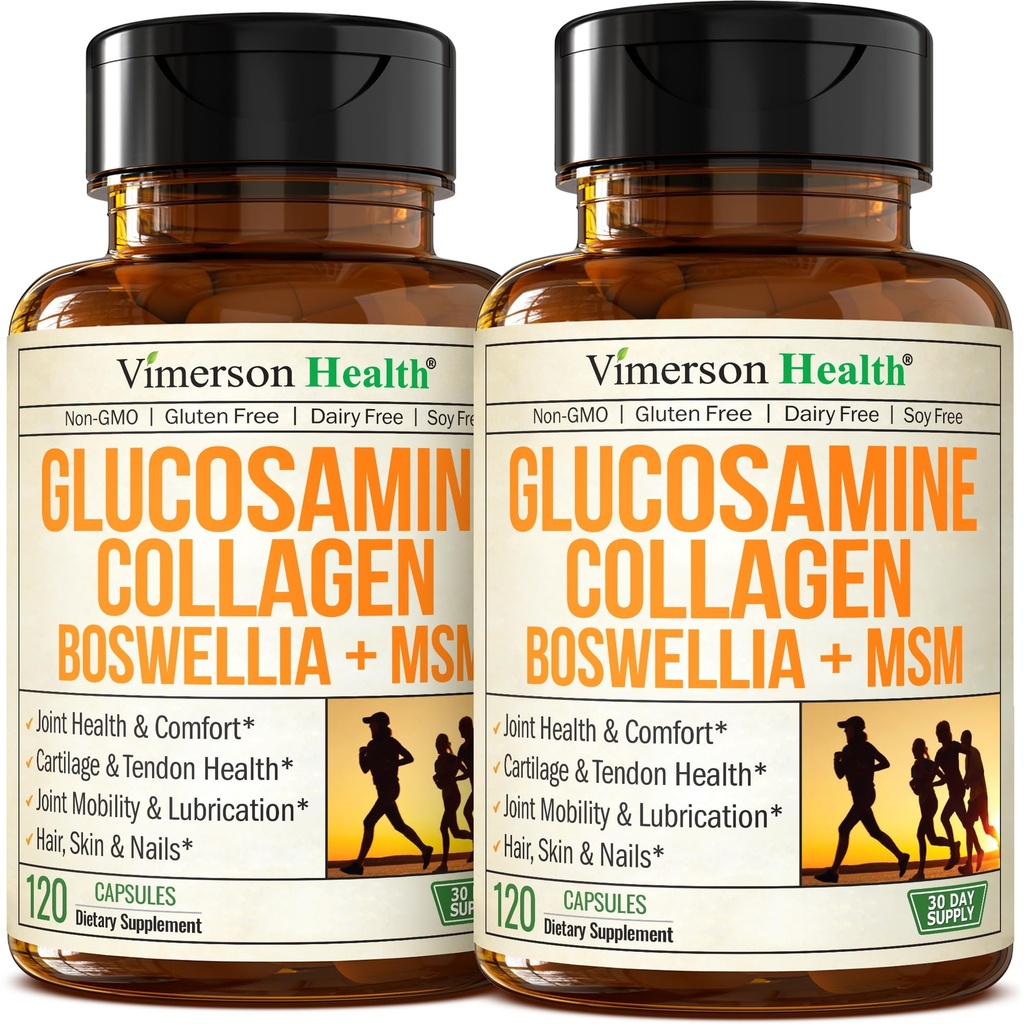 Glukozamina Chondroitin MSM z hydrolizowaną kolagenową peptydami - Joint Support Supplement with Quercetin, Bromelain & Boswellia Extract - Collagen pigułki na paznokcie skóry włosów - FSA Kwalifikujące 2 Pack
