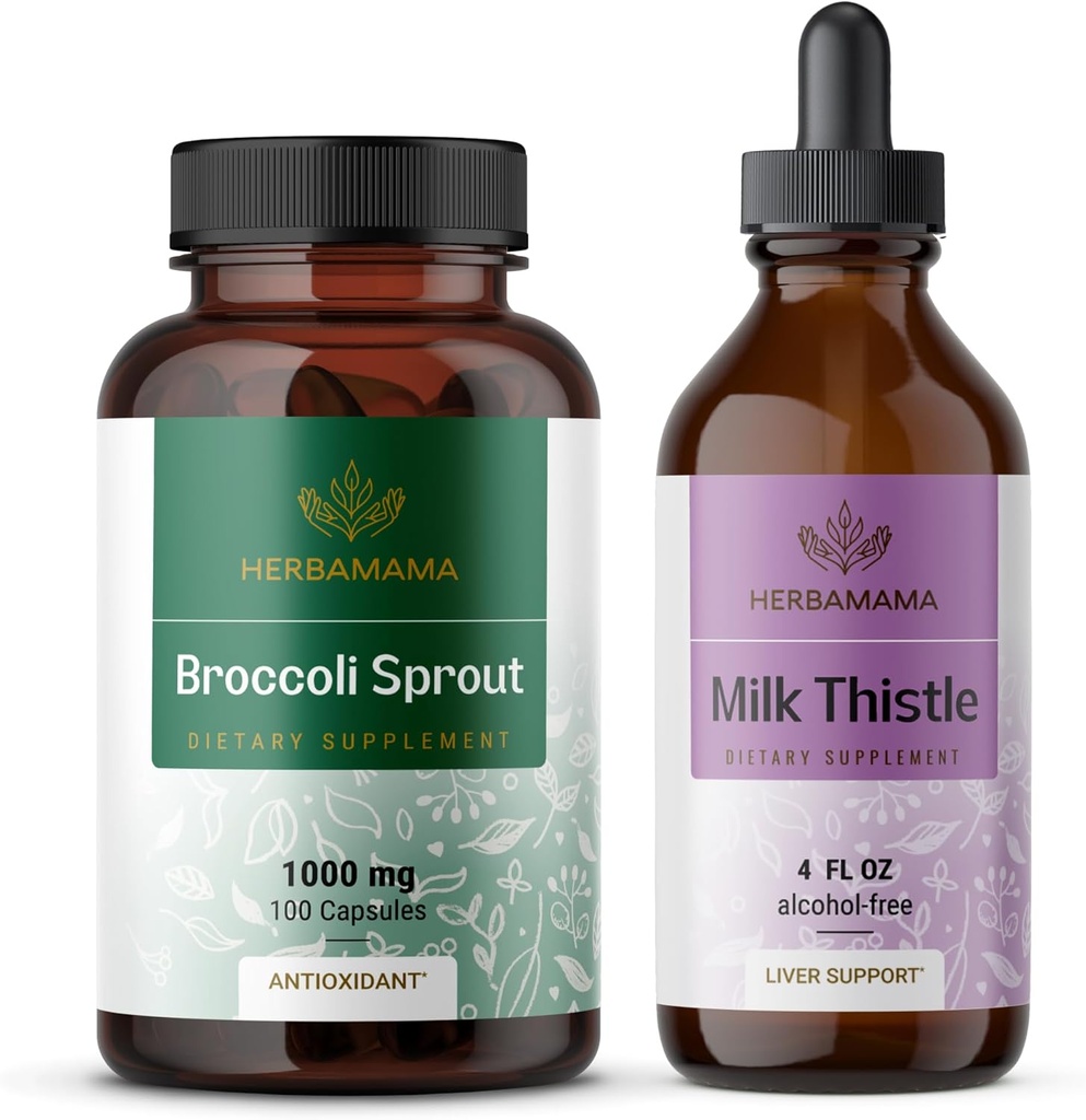 HERBAMAMA Broccoli Sprout and Milk Thistle Kit - Bundle of 1000 mg Broccoli Sprout Capsules & Milk Tistle Extract 4 fl oz - Vegan, Non-GMO, Sugar & Alcohol-Free - 2 Pack