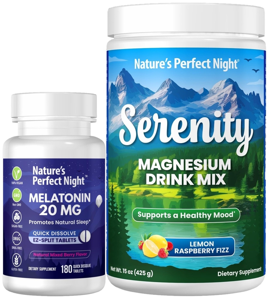 Nature 's Perfect Night Melatonin 20mg Szybkie rozpuszczanie mieszanych jagód 180 Licz z Serenity Magnezu Proszek 15 oz Lemon Malina
