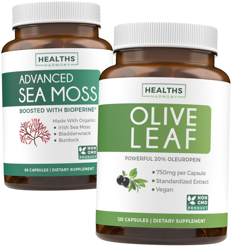 Sea Moss & Olive Leaf Extract (1- Month Supply) Olive Moss Blend - Organic Irish Sea Moss - Raw Vegan Supplement (60 Caps) & Olive Leaf Extract Super Siła: 20% Oleuropein - Vegetarian (120 Caps)