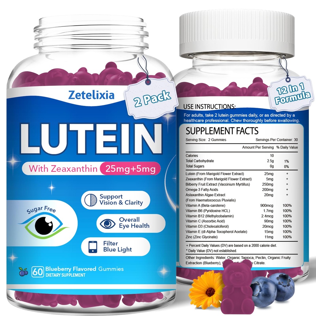 2 Pack Lutein Gummies, 12 w 1 Luteina i suplementy Zeaksantyny Eye Vitamin Gummies dla dorosłych, Eye Health Supplement with Multiple Witamina for Promotion Eye & Vision - 120 Gummies